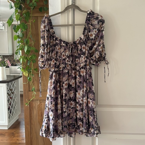 🎀ANTHROPOLOGIE X EN SAISON purple floral peasant sleeve ruffle boho dress small - Picture 6 of 13
